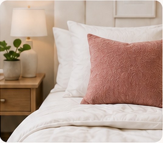 Neat bedroom with fresh white bedding and a pink cushion