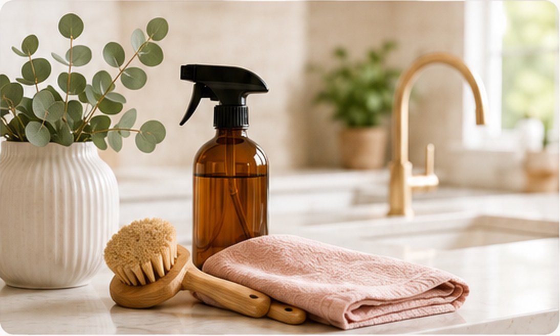 Cleaning products arranged neatly in a bright kitchen