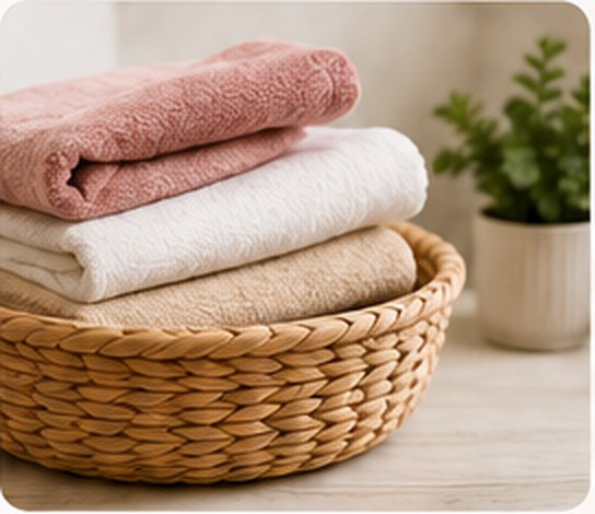 Freshly folded towels in a basket
